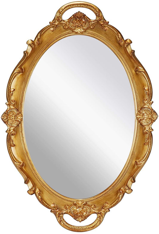 Image of oval antique gold 25 x 38 cm vintage carved hanging wall mirror for bedroom and living-room  versatile for both home and professional use