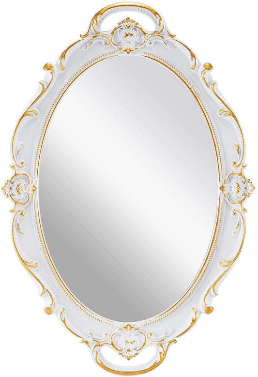 Image of oval antique white 25 x 38 cm vintage carved hanging wall mirror for bedroom and living-room  versatile for both home and professional use