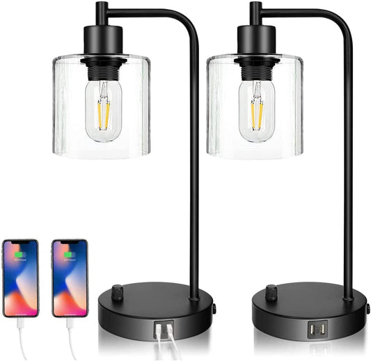 Image of 2x pack industrial table lamp with 2 usb port for bedside nightstand desk and living room office (bulb not included)  versatile for both home and professional use