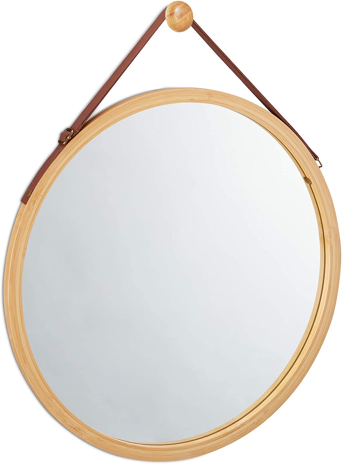 Image of hanging round wall mirror 45 cm - solid bamboo frame and adjustable leather strap for bathroom and bedroom  ideal for luxury casual home interiors
