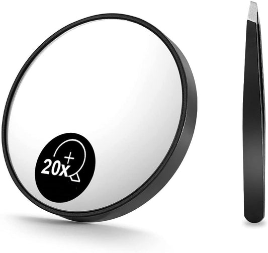 Image of 20x magnifying mirror and eyebrow tweezers kit for travel  ideal for luxury casual home interiors