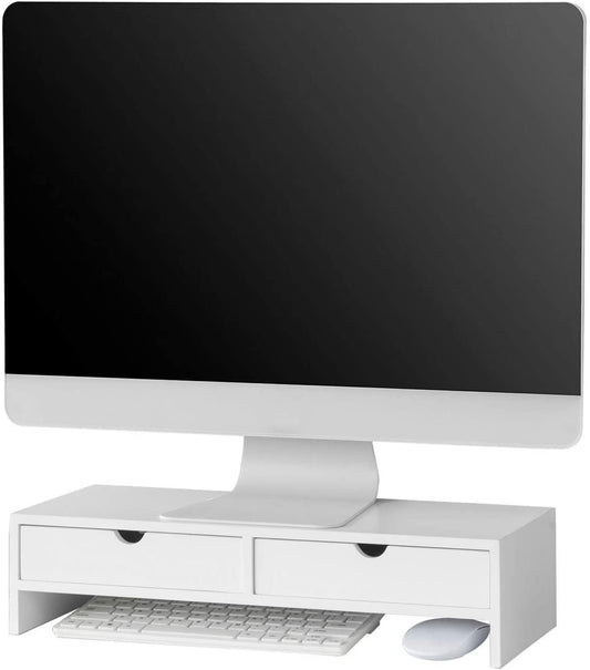 Image of white monitor stand desk organizer with 2 drawers  suitable for aged care, corporate offices, and commercial settings