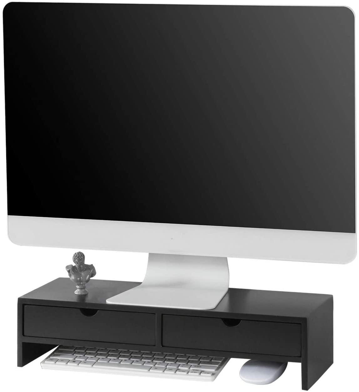 Image of black monitor stand desk organizer with 2 drawers  suitable for aged care, corporate offices, and commercial settings