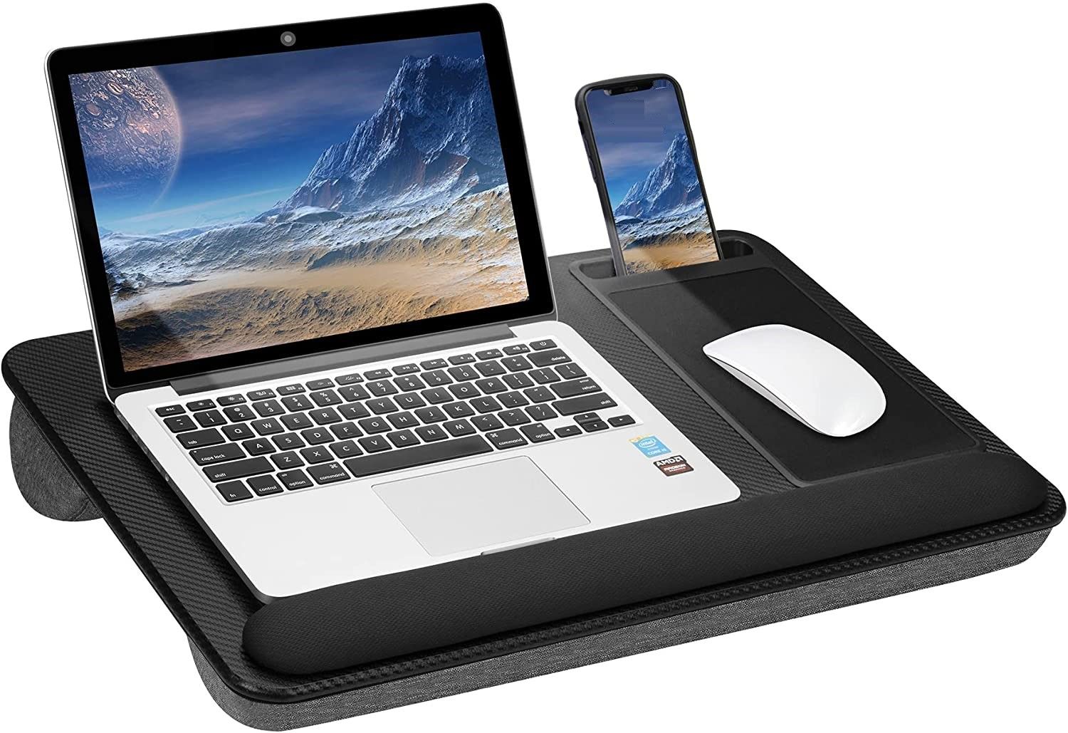 Image of portable laptop desk with device ledge, mouse pad and phone holder for home office (black, 43cm)  versatile for both home and professional use