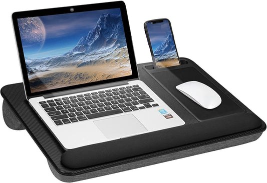 Image of portable laptop desk with device ledge, mouse pad and phone holder for home office (black, 43cm)  versatile for both home and professional use