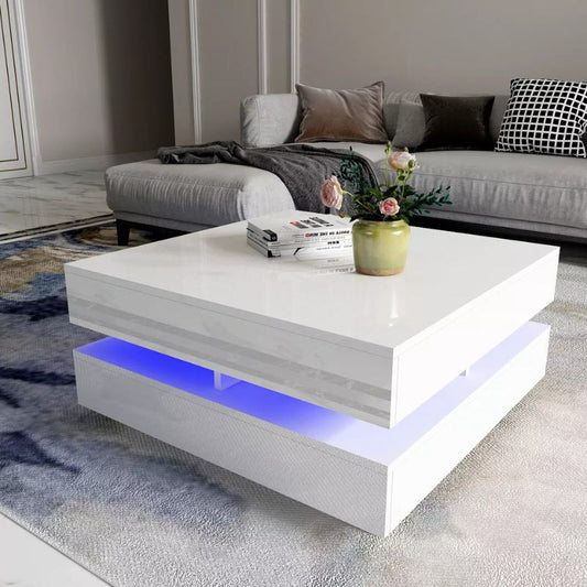 Image of modern large high gloss coffee table with led lights white  ideal for luxury casual home interiors