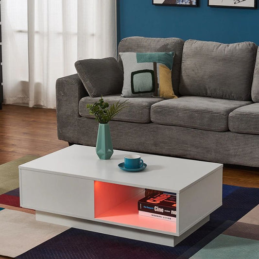 Image of led high gloss top white coffee table with single drawer  ideal for luxury casual home interiors