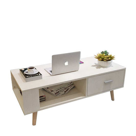 Image of white coffee table storage drawer & open shelf with wooden legs  suitable for aged care, corporate offices, and commercial settings