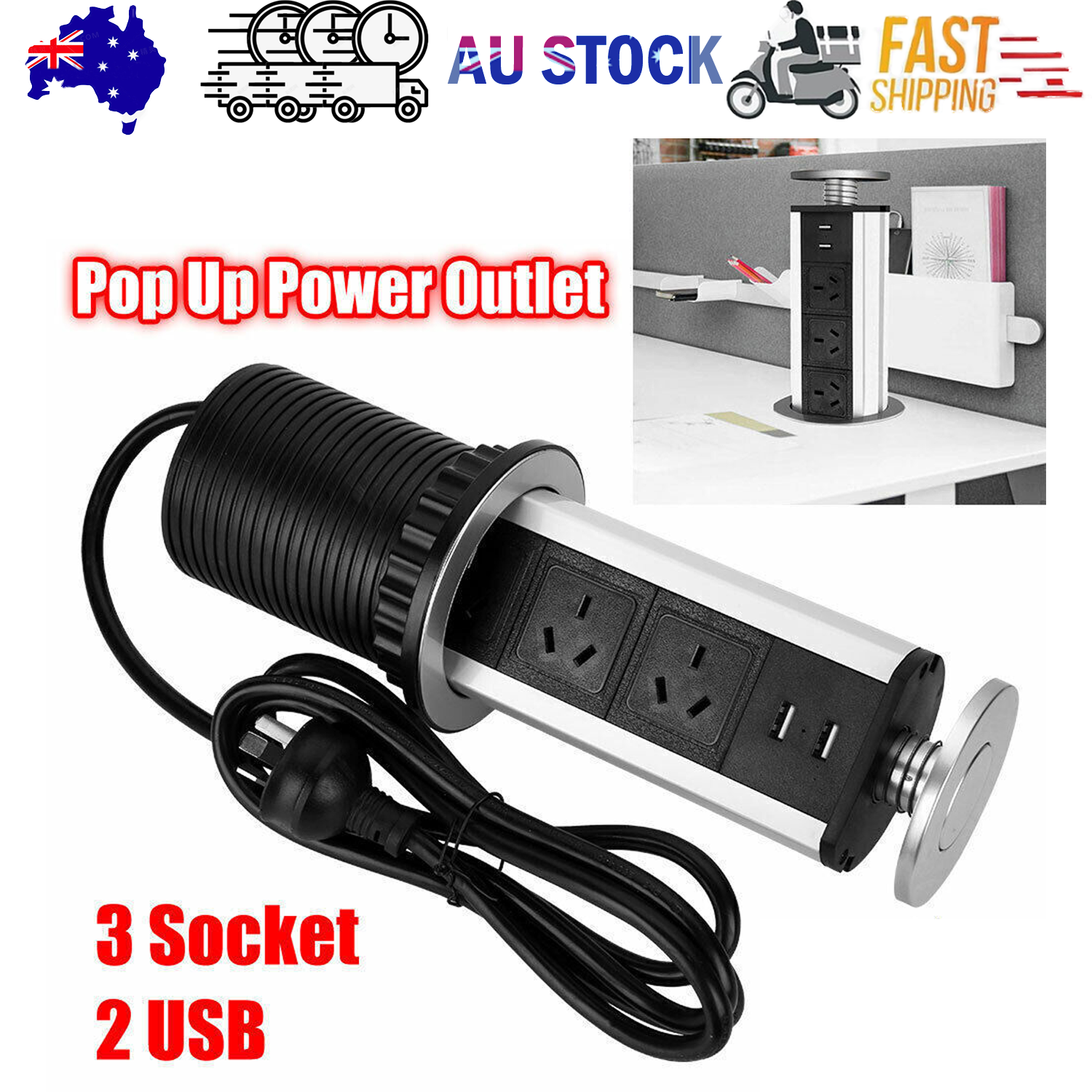 Image of pop up power point 3 socket plug + 2 usb table home kitchen desk outlet  versatile for both home and professional use