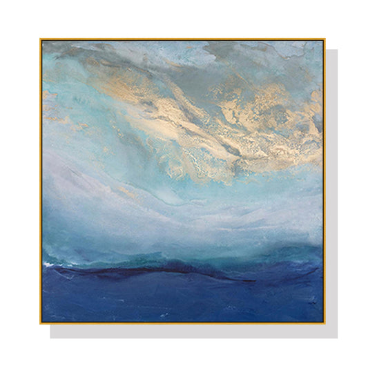Image of wall art 70cmx70cm abstract gold blue square size gold frame canvas  ideal for luxury casual home interiors