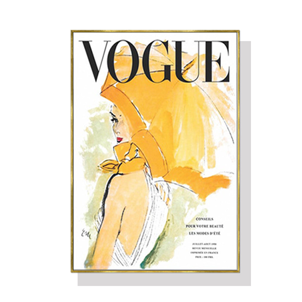 Image of wall art 90cmx135cm vogue girl gold frame canvas  ideal for luxury casual home interiors