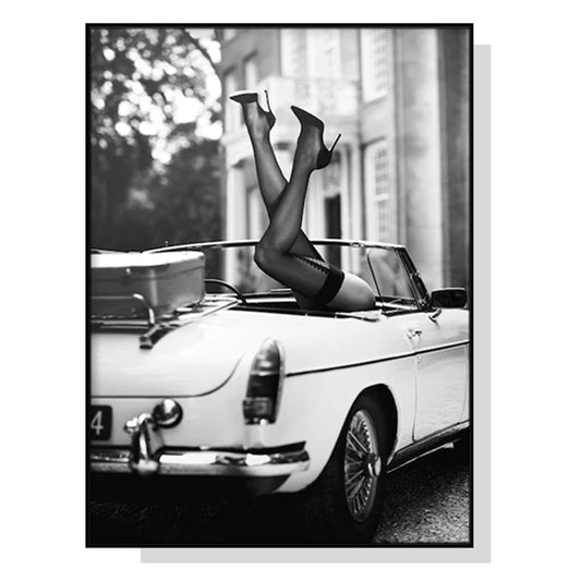 Image of wall art 70cmx100cm high heels in classic car black frame canvas  ideal for luxury casual home interiors