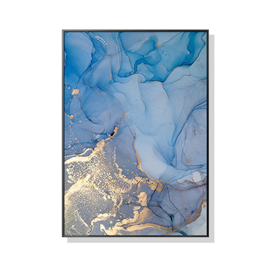 Image of wall art 80cmx120cm light blue marble with gold splash black frame canvas  ideal for luxury casual home interiors