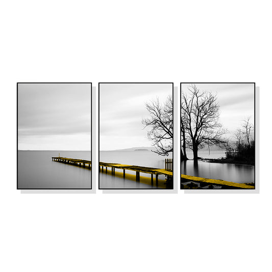 Image of wall art 90cmx135cm calm lake bridge tree scene 3 sets black frame canvas  ideal for luxury casual home interiors