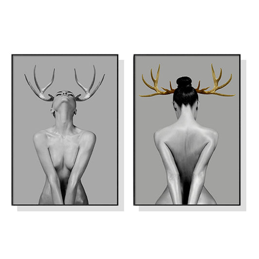 Image of wall art 80cmx120cm girl with gold horn 2 sets black frame canvas  ideal for luxury casual home interiors