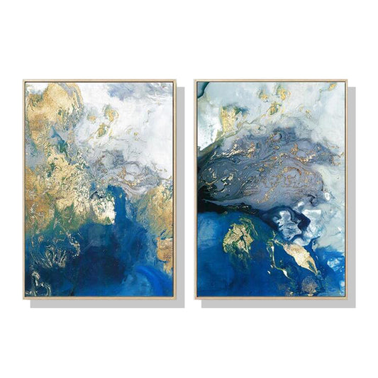 Image of wall art 40cmx60cm  marbled blue and gold 2 sets gold frame canvas  ideal for luxury casual home interiors