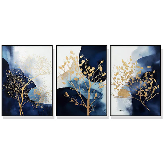 Image of wall art 70cmx100cm navy and gold watercolor shapes 3 sets black frame canvas  ideal for luxury casual home interiors