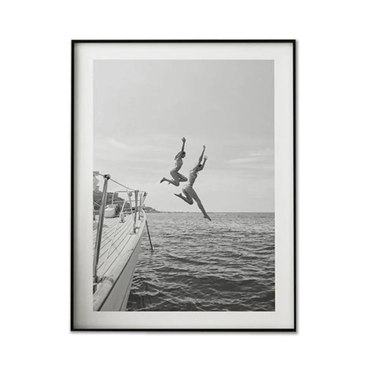 Image of wall art 100cmx150cm black and white ocean jump, black frame canvas  ideal for luxury casual home interiors
