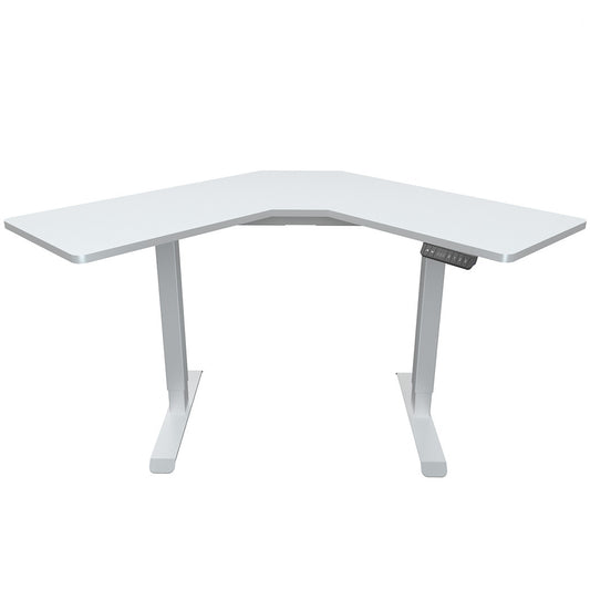 Image of fortia 98w x 98w x 48d dual-motor 80kg load adjustable electric sit to stand up corner desk - white/white frame  suitable for aged care, corporate offices, and commercial settings