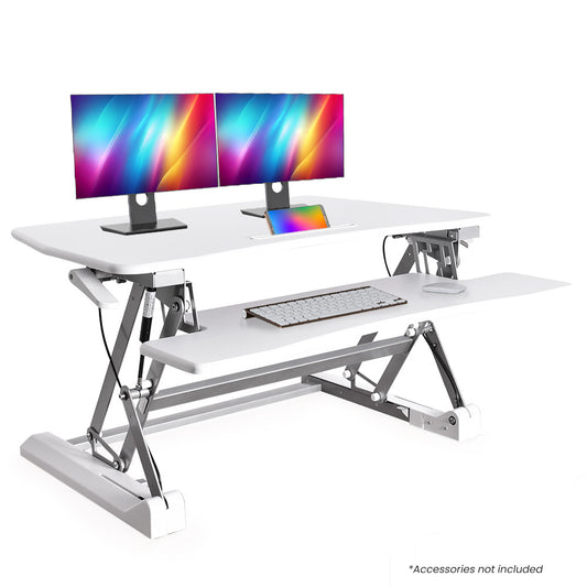 Image of fortia desk riser 90cm wide adjustable sit to stand, for dual monitor, keyboard, laptop, white  suitable for aged care, corporate offices, and commercial settings