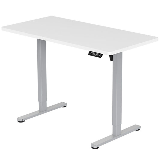 Image of fortia sit to stand up standing desk, 140x60cm, 72-118cm electric height adjustable, 40kg rated, white/silver frame  suitable for aged care, corporate offices, and commercial settings