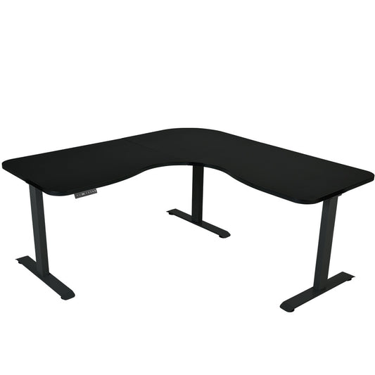 Image of fortia corner standing desk, 1730w x 1730w x 750d, 3 motors, 120kg load, sit to stand up electric height adjustable, black/black frame  suitable for aged care, corporate offices, and commercial settings