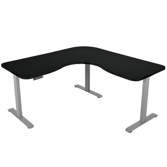 Image of fortia corner standing desk, 1730w x 1730w x 750d, 3 motors, 120kg load, sit to stand up electric height adjustable, black/silver frame  suitable for aged care, corporate offices, and commercial settings