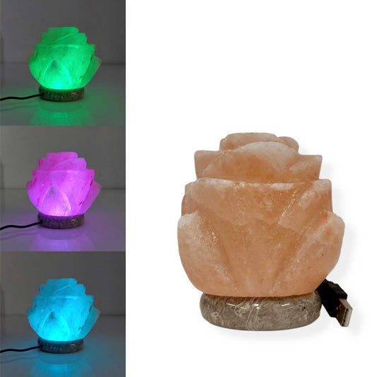 Image of usb colour changing salt himalayan lamp - flower shape pink rock led light  available at The Epic Shop