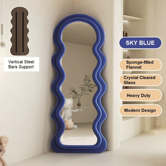 Image of 1.7m elegance curvy floor mirror wavy full lenght curvy squiggle full body irregular asymmetrical floor home decor blue  ideal for luxury casual home interiors
