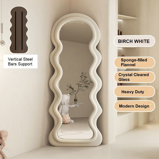 Image of 1.7m elegance curvy floor mirror wavy full lenght curvy squiggle full body irregular asymmetrical floor home decor birch white  ideal for luxury casual home interiors