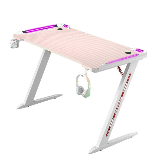 Image of 120cm rgb gaming desk home office carbon fiber led lights game racer computer pc table z-shaped pink  versatile for both home and professional use