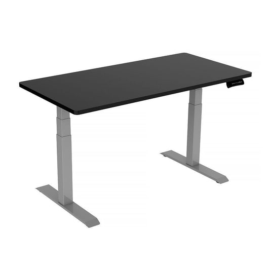 Image of 140cm standing desk height adjustable sit stand motorised grey dual motors frame black top  suitable for aged care, corporate offices, and commercial settings