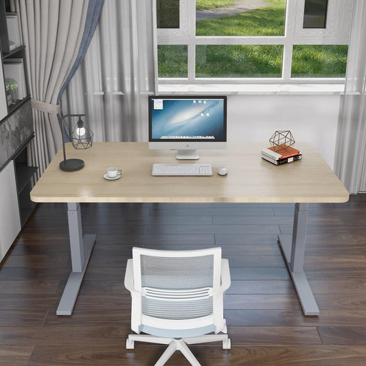 Image of 120cm standing desk height adjustable sit grey stand motorised single motor frame birch top  suitable for aged care, corporate offices, and commercial settings