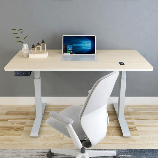 Image of 140cm standing desk height adjustable sit stand motorised grey single motor frame maple top  suitable for aged care, corporate offices, and commercial settings