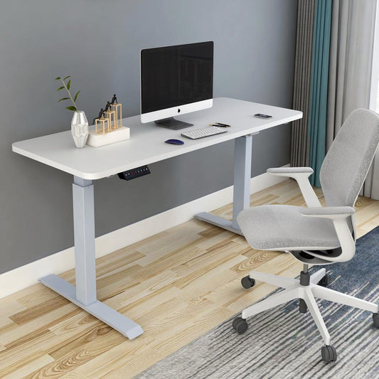 Image of 160cm standing desk height adjustable sit stand motorised grey single motor frame white top  suitable for aged care, corporate offices, and commercial settings