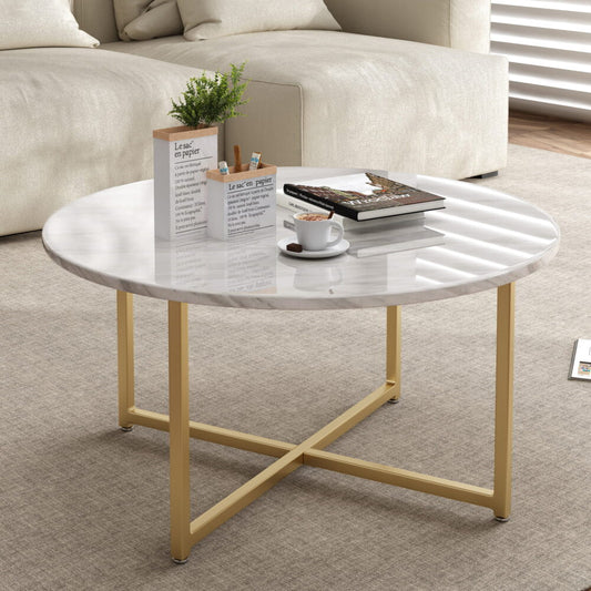 Image of white marble effect round coffee table with gold legs  ideal for luxury casual home interiors