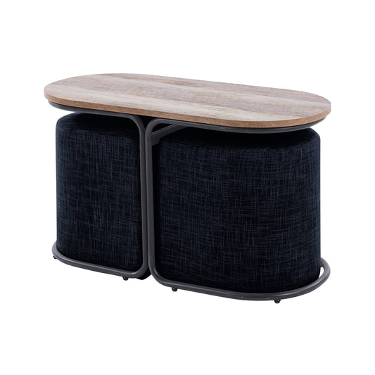 Image of 3 piece set coffee table & ottoman wood side end table industrial - black  ideal for luxury casual home interiors