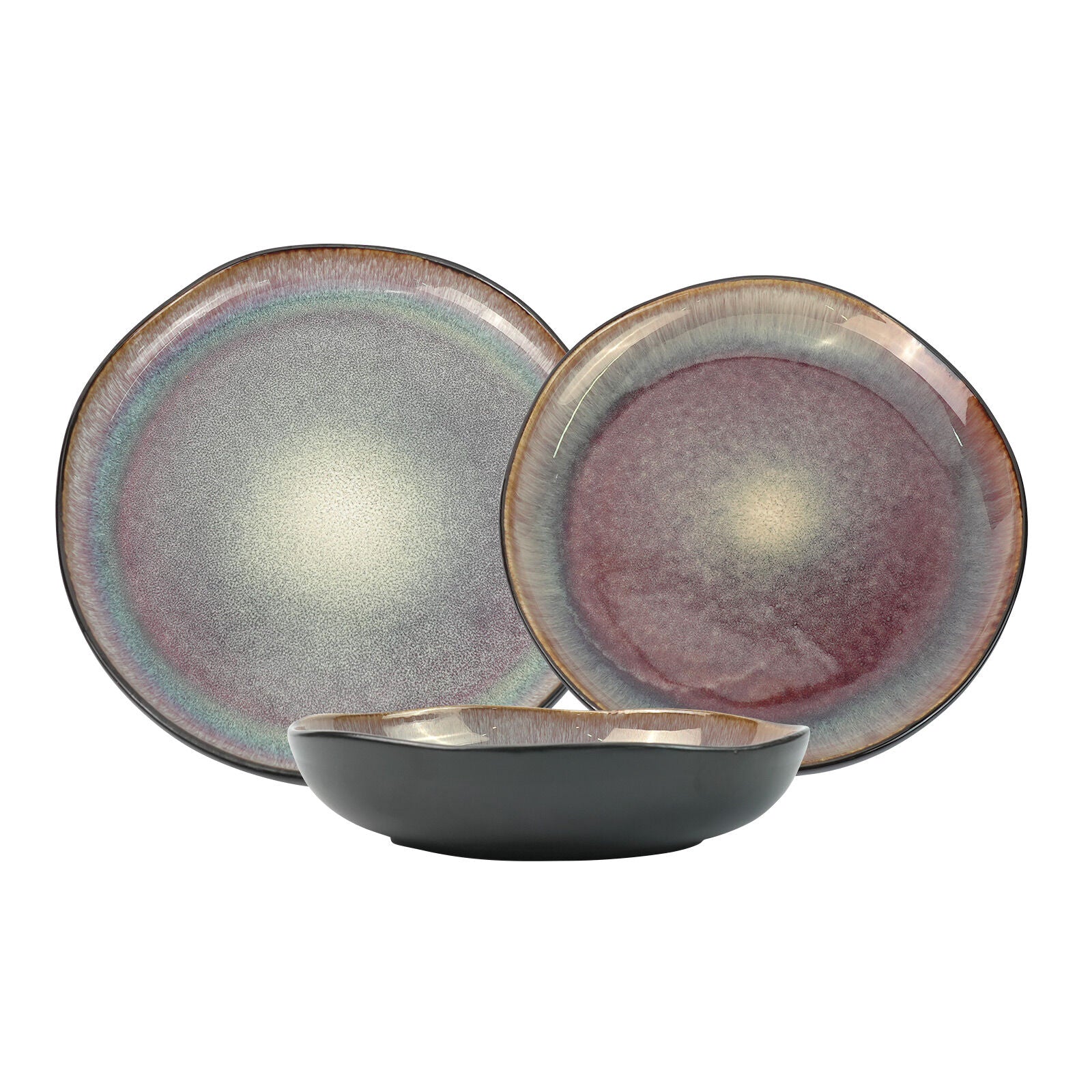 Image of 3 pieces reactive glazed ceramic organic fine dinner set with plate and bowl earthy blue brown  ideal for luxury casual home interiors