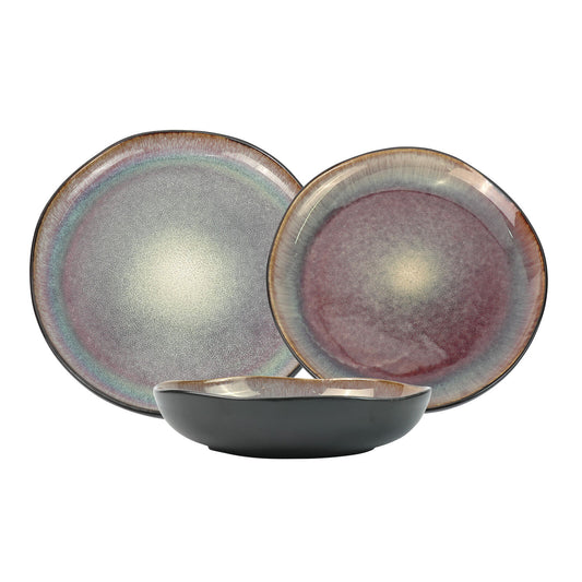 Image of 3 pieces reactive glazed ceramic organic fine dinner set with plate and bowl earthy blue brown  ideal for luxury casual home interiors