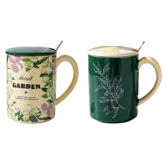 Image of 2x high-fired ceramic porcelain mug set with lid 400ml vintage floral tea spoon green  ideal for luxury casual home interiors