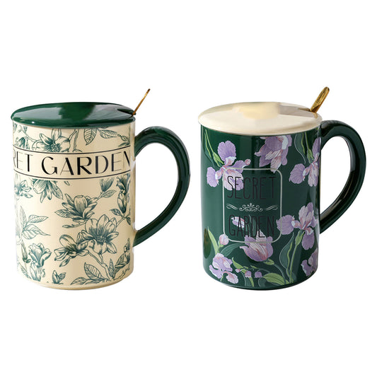 Image of 2x high-fired ceramic porcelain mug set with lid 400ml vintage floral tea spoon green  ideal for luxury casual home interiors