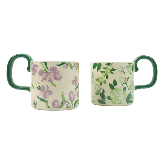 Image of 2x high-fired ceramic porcelain mug set with lid 400ml vintage floral tea spoon green  available at The Epic Shop