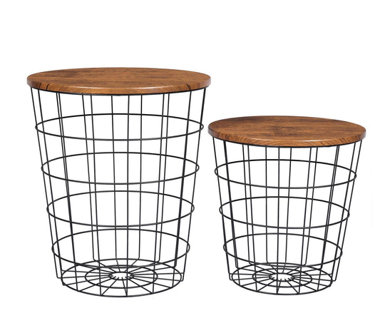 Image of yes4homes vintage round coffee tables set of 2 side tables robust steel frame for living room bedroom rustic brown and black  ideal for luxury casual home interiors