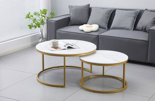 Image of nesting style coffee table - white on champagne gold - 80cm/60cm  ideal for luxury casual home interiors