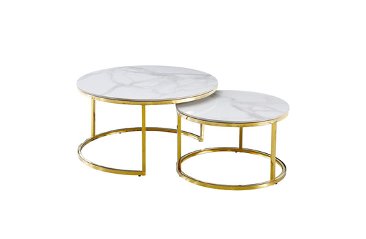 Image of nesting style coffee table - white on gold stainless steel - 80cm/60cm  ideal for luxury casual home interiors