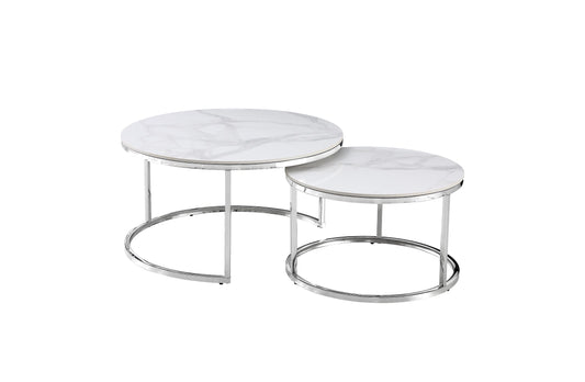 Image of nesting style coffee table - white on silver stainless steel - 80cm/60cm  ideal for luxury casual home interiors