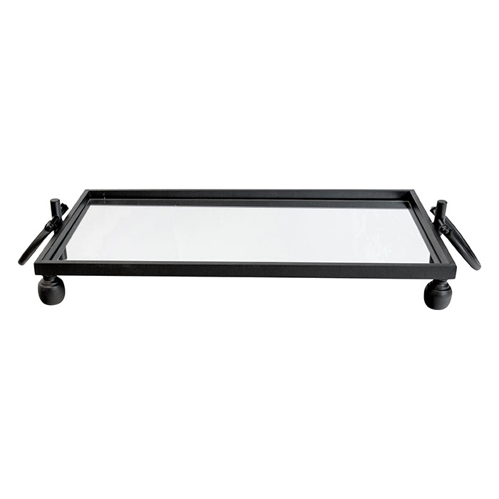 Image of eliza small rectangle iron mirror tray with handles - black  ideal for luxury casual home interiors
