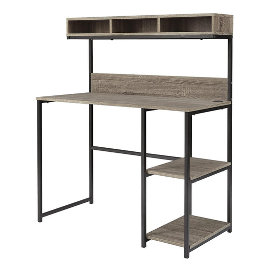Image of computer desk with hutch in greyish brown  suitable for aged care, corporate offices, and commercial settings