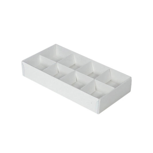 Image of 100 pack of white card chocolate sweet soap product retail gift box - 8 bay 3cm compartments - clear slide on lid - 16x8x3cm  suitable for aged care, corporate offices, and commercial settings