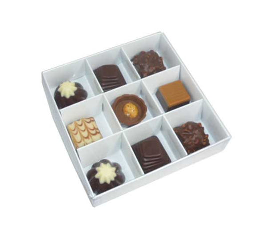 Image of 100 pack of white card chocolate sweet soap product retail gift box - 9 bay 4x4x3cm compartments  - clear slide on lid - 12x12x3cm  suitable for aged care, corporate offices, and commercial settings